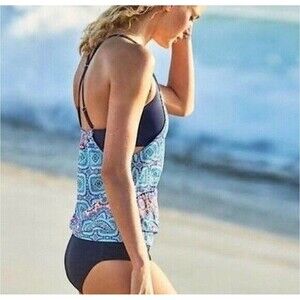 Athleta Blue Fiji Blousy Tankini Set Top 32 D/DD Bottoms XS  Wired Racerback